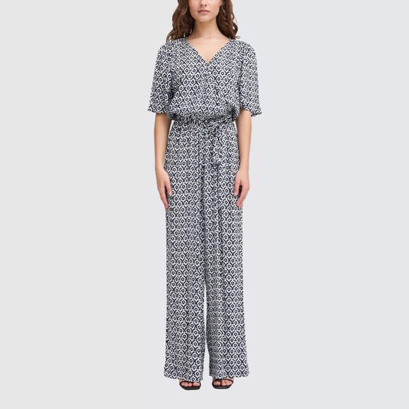 ICHI Pants - ICHI Women's Navy and White Patterned Jumpsuit with tie waist size S NWT
